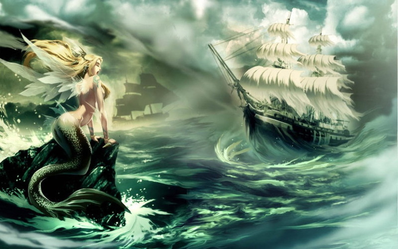 720P, fantasy, sirens, vehicles, mermaids, abstract, sea, art, ships, fantasy art, hd