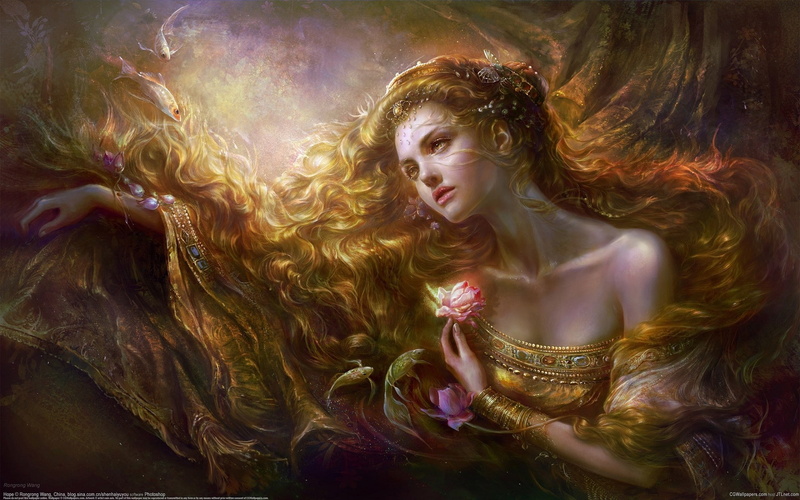 Fantasy, Girl, Hair, Fish, 1080P, Jewelry, Long, Flower