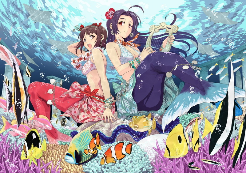 azusa, amami, brunettes, 720P, FISH, mermaids, animals, hair, anime, miura, art, girls, haruka, hd, idolmas, blue, harp, underwater