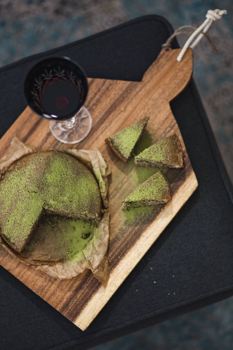 food and drink, gourmet, wood - Material, cake, table, plant part, directly above, drink, wellbeing, pastry, no people, slice, leaf, matcha, still life