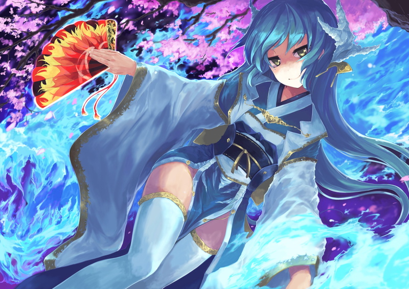 blue hair, swimming pool, indoors, anime, lifestyles, multi colored, nature, water, day, paint, front view, Fate/Grand Order, Kiyohime (Fate/Grand Order)