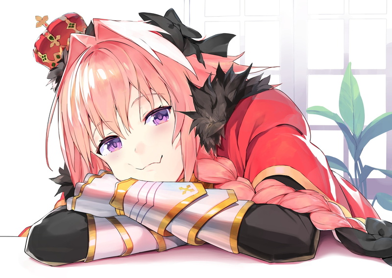 male, cape, purple, com, gloves, eyes, pink, 1080P, (series), braids, crown, elbow, nanotaro, close, fate, astolfo, 260522, apocrypha, trap, hair, armor