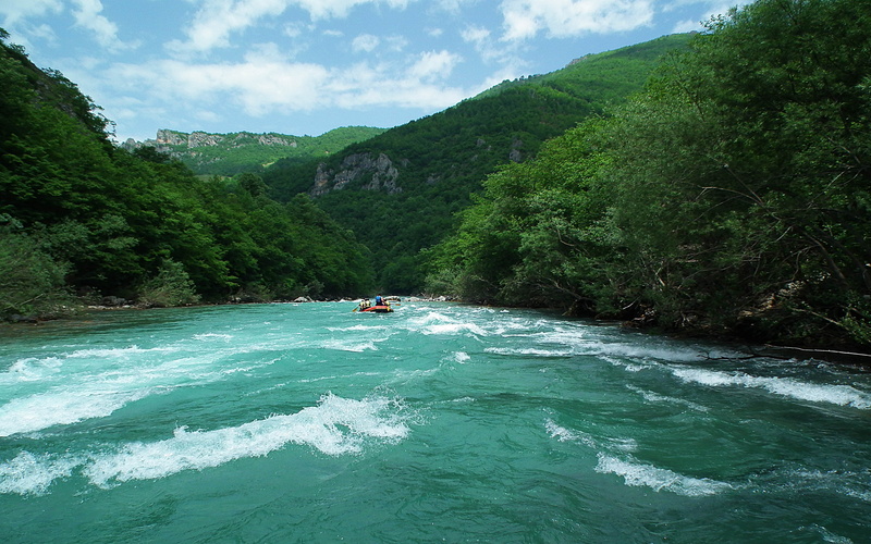 nautical vessel, mountain, montenegro, beauty in nature, non-urban scene, idyllic, scenics - nature, river, transportation, green color, tara, water, outdoors