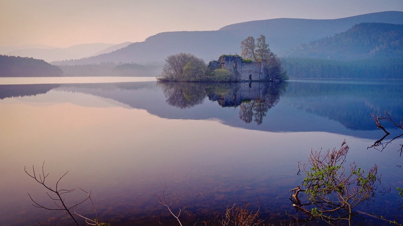 no people, tree, lake, environment, nature, scenics - nature, morning, mountain, concrete, house, plant, sky, gray, fog, reflection lake, mountains, 720P