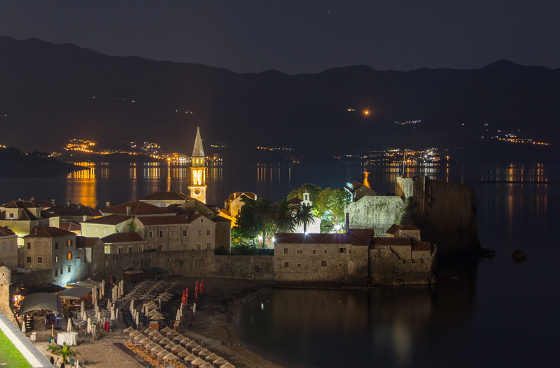 night city, water, night lights, outdoors, built structure, montenegro, illuminated, nature, reflection in the water, mountain, mountains, lighting equipment