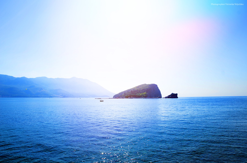 rock, island. sea. montenegro. nature, 2K, water, sea, island, the sky, summer, Montenegro, mountains, the sun, Becici, SV Nikola, black, Budva