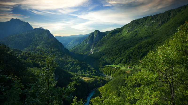 Montenegro, tropical, landscape, trees, nature, 1080P, Tara River Canyon, house, clouds, mountains, river, forest, sky