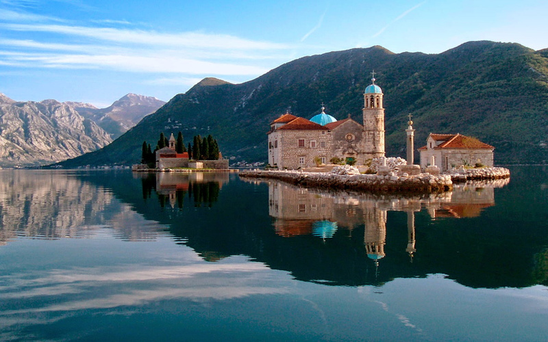 outdoors, montenegro, reflection, scenics - nature, day, 2K, building, perastkotor, lake, bay, no people, mountain range, religion, travel destinations