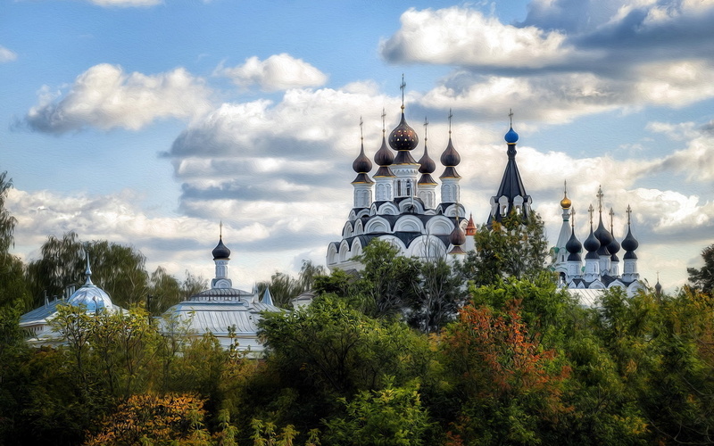 clouds, 1080P, spires, annunciation, monastery, buildings, fall, trees, religion, sky, church, cathedral, autumn, trinity