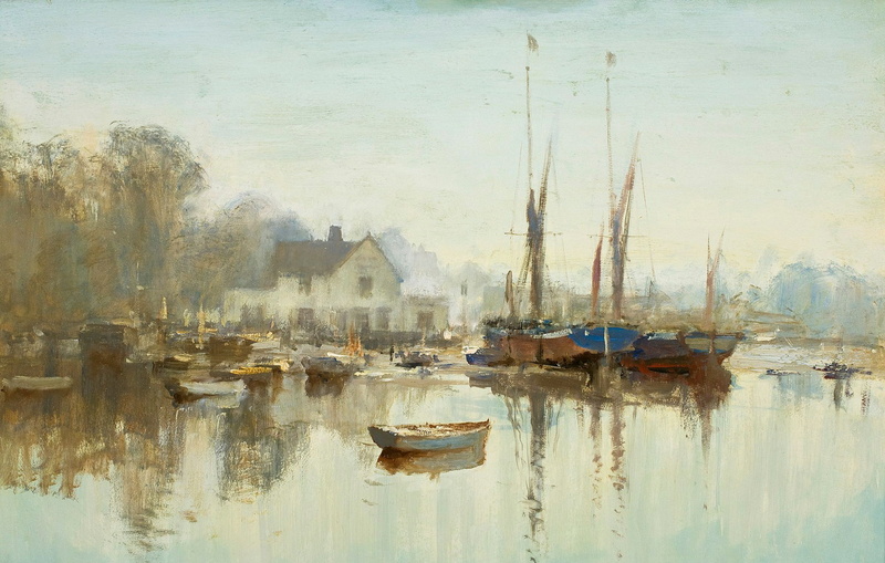boats, picture, 1080P, landscape, house, Morning in November. Pin Mill, Edward Seago