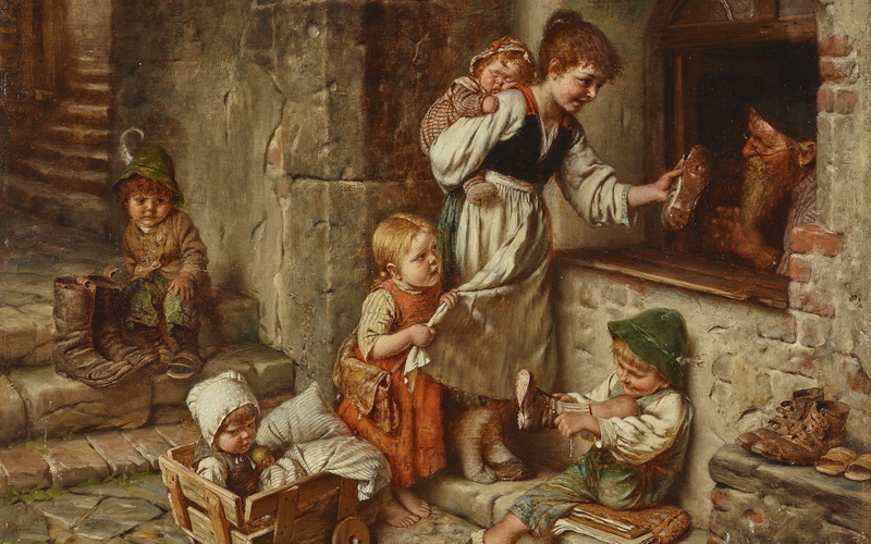 Scene with Village Cobbler, German painter, Munich School, The Munich school, Hermann von Kaulbach, The scene with the village cobbler, 2K