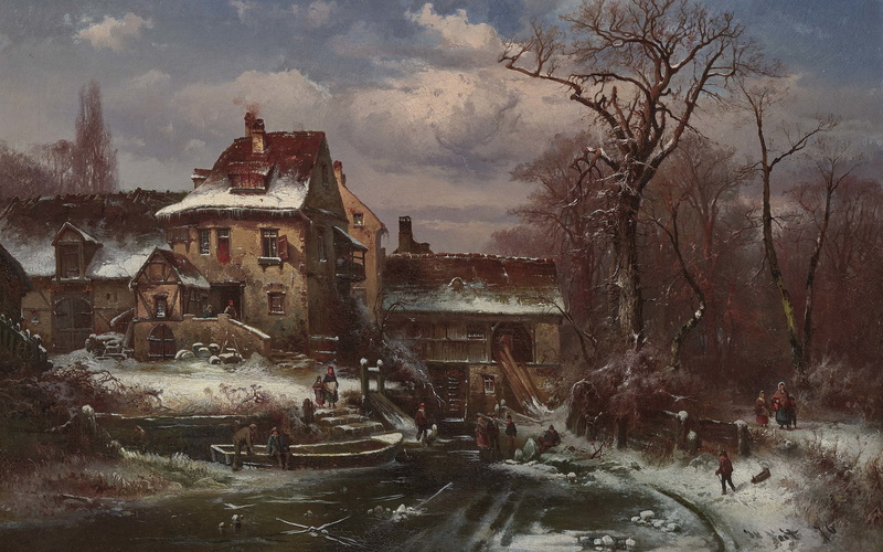 4K, 1876, oil on canvas, Hugo Veit, German painter, Winter landscape with farmstead and figured scenes, A Winter Landscape with Farmstead and Figure Scene