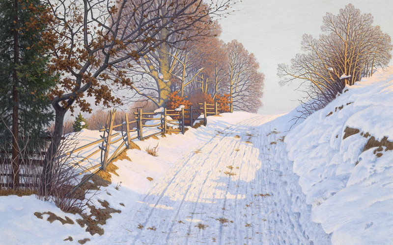 Fritz Müller-Landeck, 4K, oil on canvas, German painter, Winter Landscape in the Sunlight