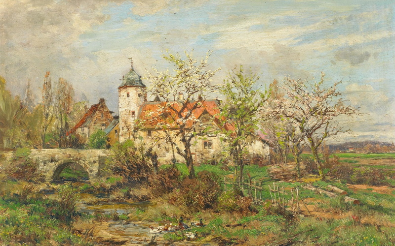 Henry Hartung III, Heinrich Hartung The Elder, Landscape with a village Church in spring, 2K, German painter, Landscape with village church in spring