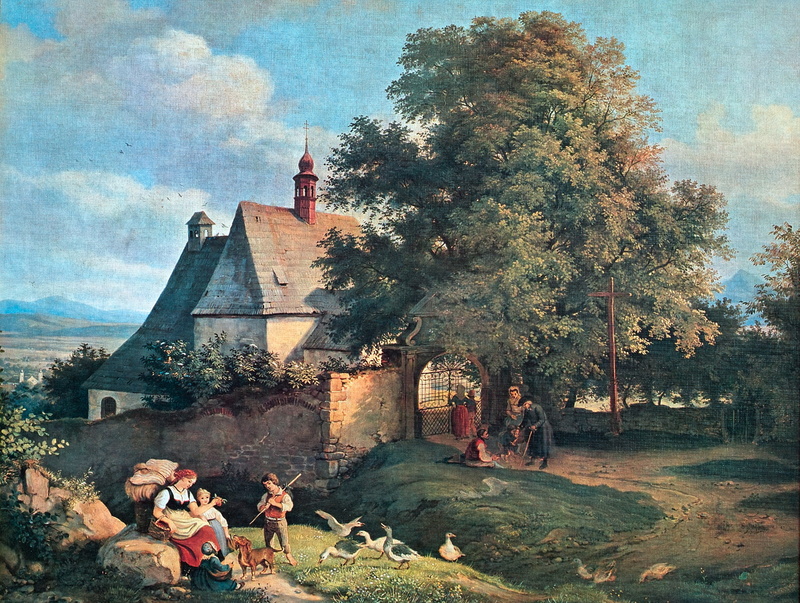 The Church of St. Anna in Groupee, genre, parishioners, geese, 1080P, picture, children, people, Adrian Ludwig Richter, trees, landscape