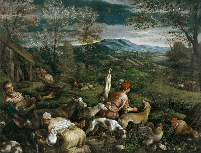 Spring, people, picture, landscape, Francesco Bassano, genre, mountains, 1080P, animals