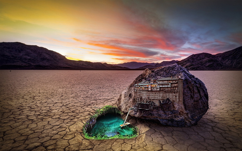 sunset, the evening, summer, evening, mountains, water, houses, drought, stone, 1080P, allegory, home