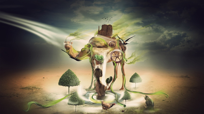 fantasy art, bee, nature, clouds, camel, girl, water, haze, flying bird, 2K, oasis, летящая птица, allegory, desert