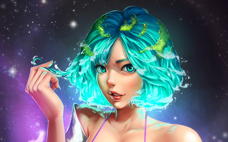 planet earth, Earth, clouds, stars, green-eyed beauty, oceans, continents, 1080P, space, charming, beautiful girl, allegory, зеленоглазая красавица, emerald hair