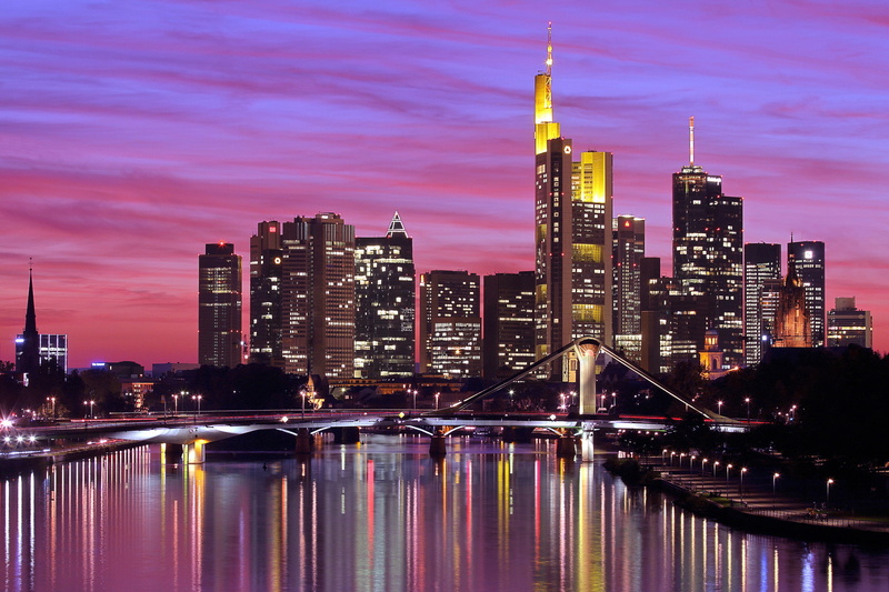 the city, Germany, river, Frankfurt am Main, the evening, reflection, lighting, the sky, lights, Mein, skyscrapers, sunset, home, bridge, backlight, building