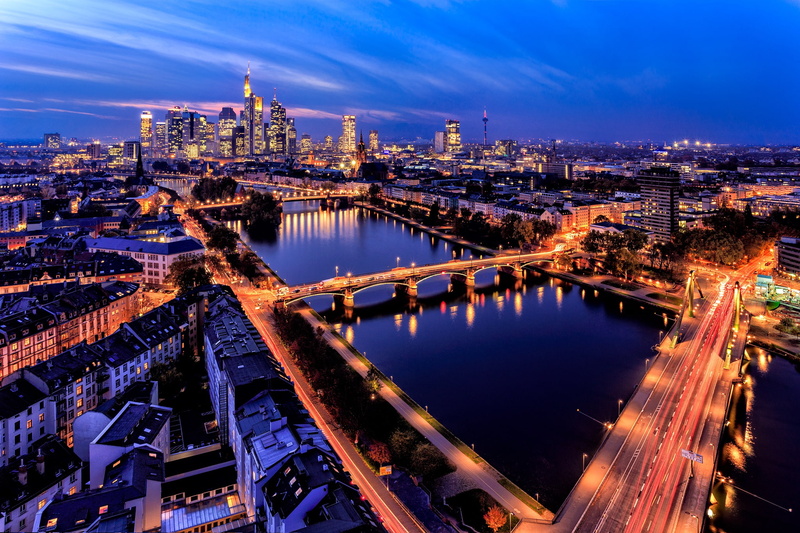 Frankfurt am Main, building, river, Downtown, panorama, Germany, night city, 1080P, the main river, Main River, Innenstadt, lights, bridges