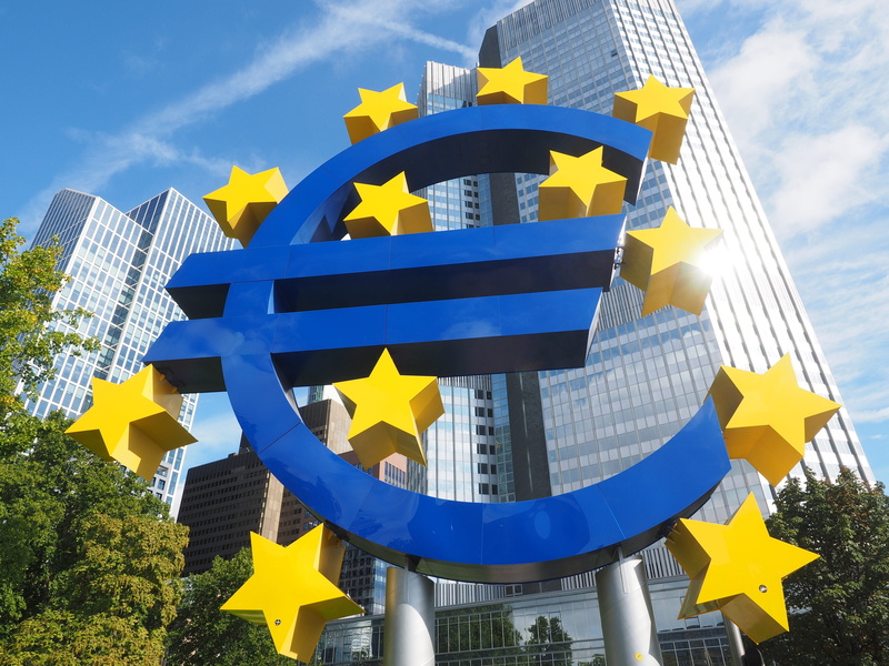 willy-brandt-platz, modern, cloud - sky, european central bank, low, high, city, yellow, plastic neon sign, office building exterior, built structure, the euro sign and the stars