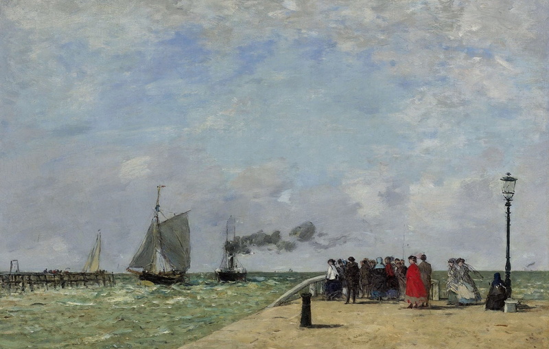 picture, people, Pier in Le Havre, sail, sea, Eugene Boudin, ship, 1080P
