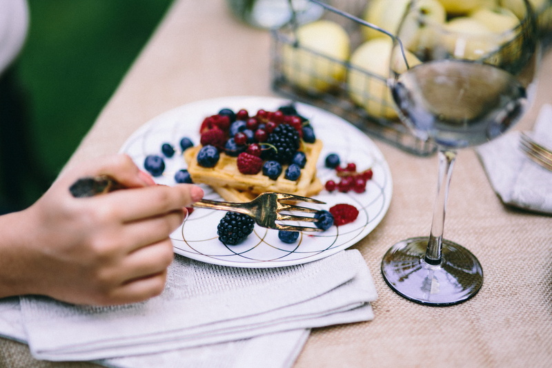 healthy eating, tableware, kitchen utensil, garden, hand, fruits, food and drink, waffles, snack, freshness, summer, eating, 4K, indoors, glass, holding