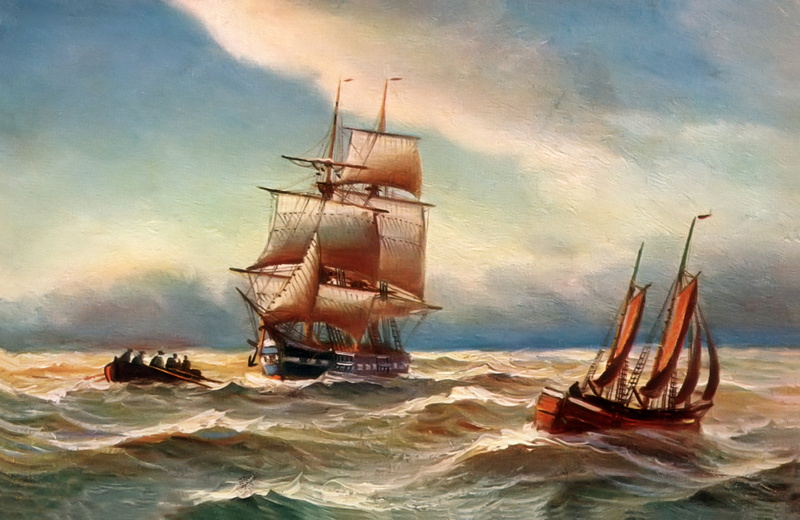galleon, the sky, sailing, water, 1080P, Alfred Jansen, cloud - sky, landscape, painting, nature, sailboat, mode of transportation, sailing ship, storm