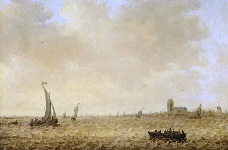 boat, landscape, sea, Jan van Goyen, 1080P, windmill, picture, wave, people, sail, Cathedral, Seascape with View of Dordrecht