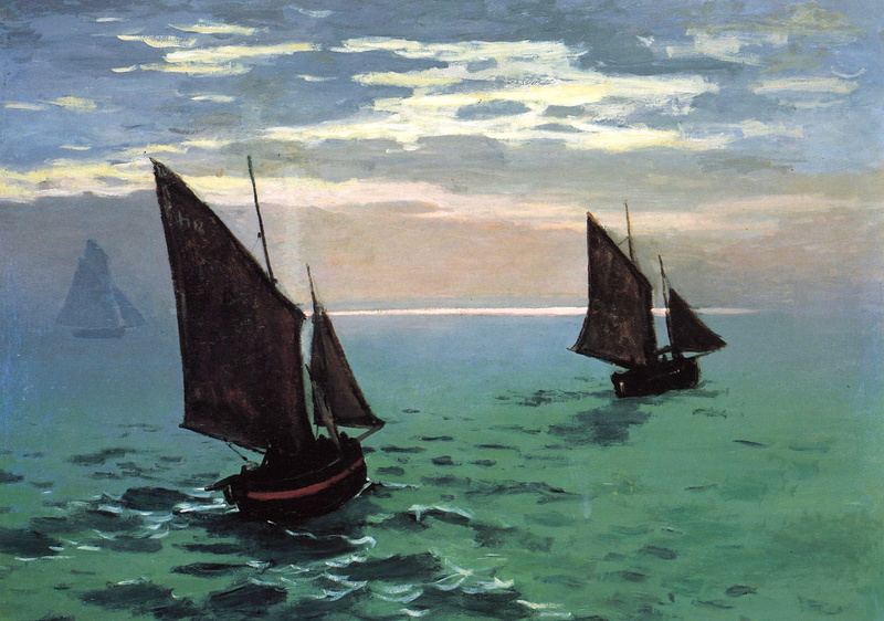 Fishing Boats in the Sea, sail, seascape, the sky, Claude Monet, picture, 1080P