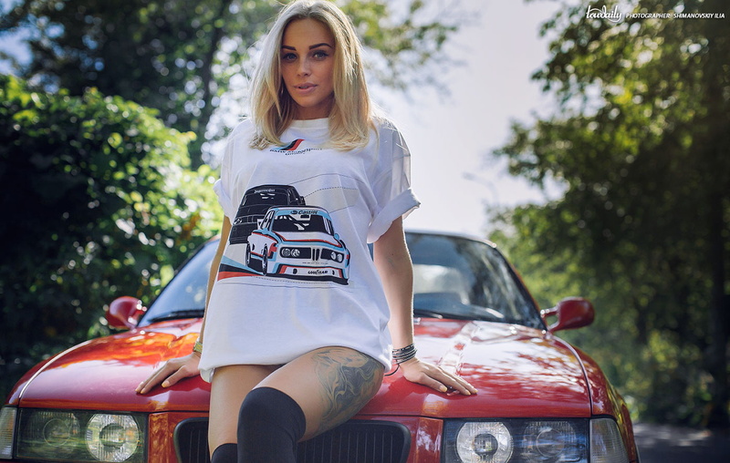 bokeh, shirt, blonde, painted nails, watermarked, trees, dyed hair, knee-highs, sitting, long hair, women outdoors, nature, car, model, women, straight hair