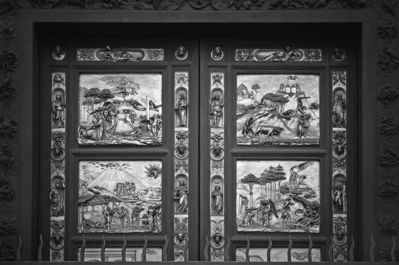 glass - material, male likeness, europe, craft, religion, door, historic, architecture, cathedral, firenze, travel, old, representation, sculpture, pattern