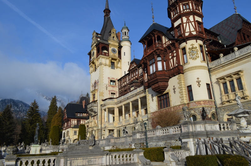 building, part, castle, religion, sky, tree, ornate, travel, nature, no people, belief, place of worship, low angle view, landscape, peles, day, sinaia