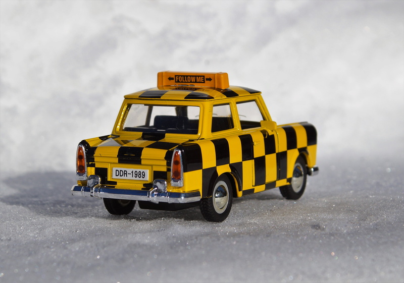 trabi, yellow taxi, taxi, trabant 601, satellite, outdoors, auto, day, yellow, car, selective focus, trabbi, classic, ddr, snowing, winter, mode of transportation
