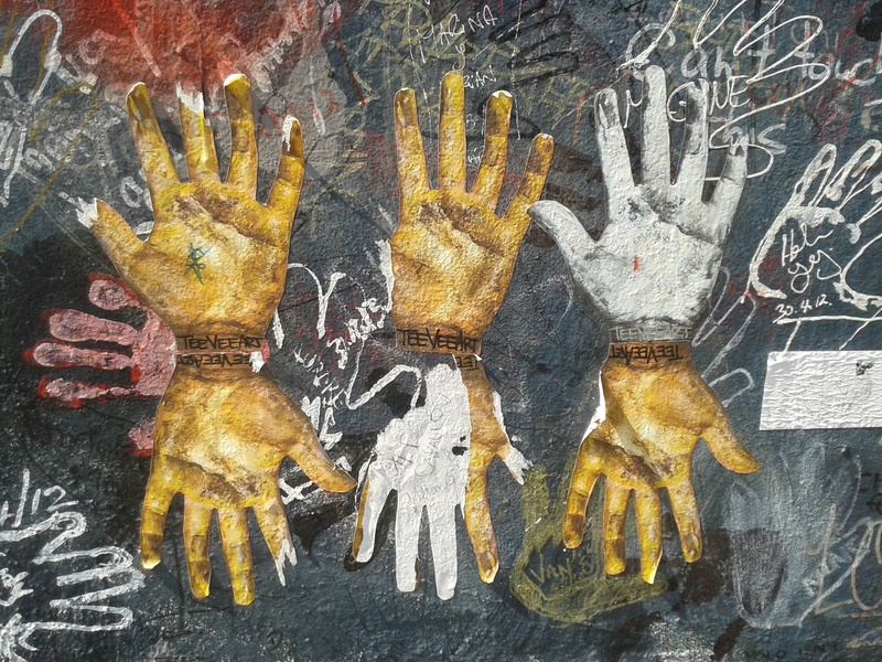 architecture, hand, directly above, art, berlin wall, western script, yellow, close-up, no people, text, art and craft, symbol, message, pattern, creativity