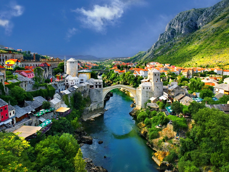 river, home, the past, trees, travel, scenics, mountain, sky, croatia, green Color, town, old, famous Place, cloud - sky, gray, panoramic, house, history
