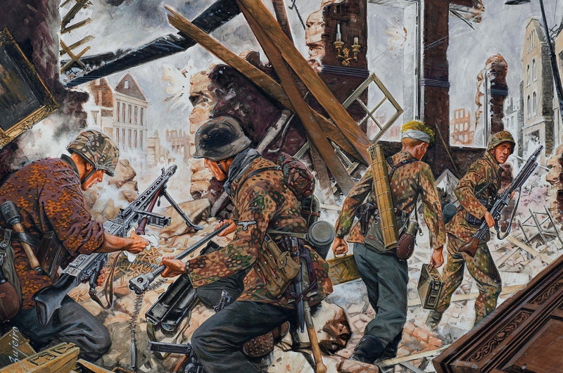 battle, military, 1080P, army, art, guns, machine, war, painting, soldiers