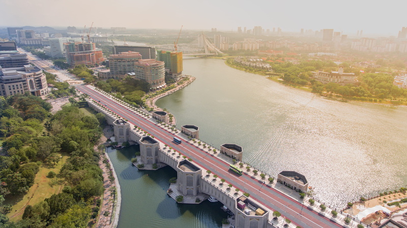 building exterior, maldife, high angle view, road, sunrise, bridge, traveling, mode of transportation, no people, bus, aerial, putrajaya, daytime, outdoors