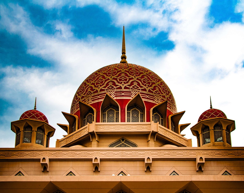 dome, outdoors, sacred, built structure, place of worship, no people, spirituality, cloud - sky, nature, spire, religion, putrajaya, malaysia, low angle view