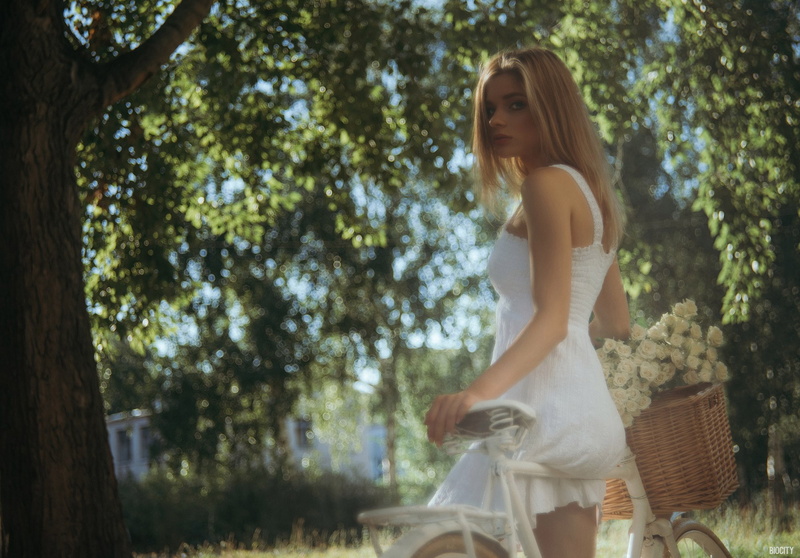 women, blonde, model, women outdoors, 1080P, Pasha Karpenko, looking over shoulder, bicycle, white dress