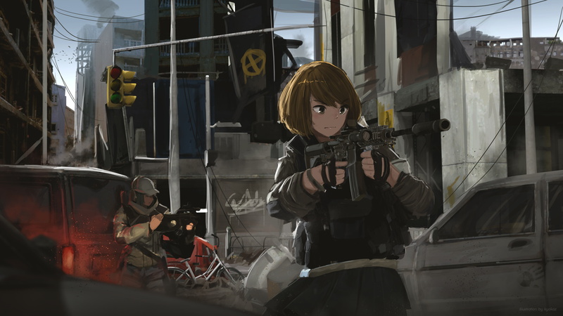 brown, sky, black, short, weapon, building, eyes, city, azhar, skirt, com, bird, watermark, faiz, scenic, 256280, hair, car, gun, konachan, hat, animal