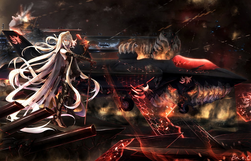 1080P, red, armored, carrier, hair, kantai, aircraft, gray, collection, eyes, boyogo, oni, hime, long