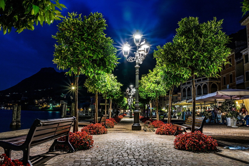 Italy, Garda, Lombardy, 1080P, benches, illumination, trees, lights, night