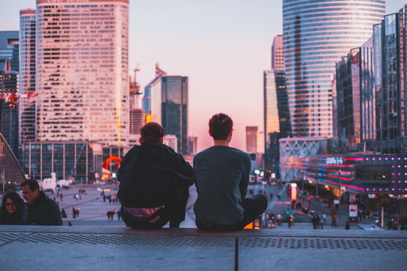 skyscraper, urban, person, office building, windows, adult, real people, 5K, two people, town, cityscape, buildings, built structure, high rise, downtown