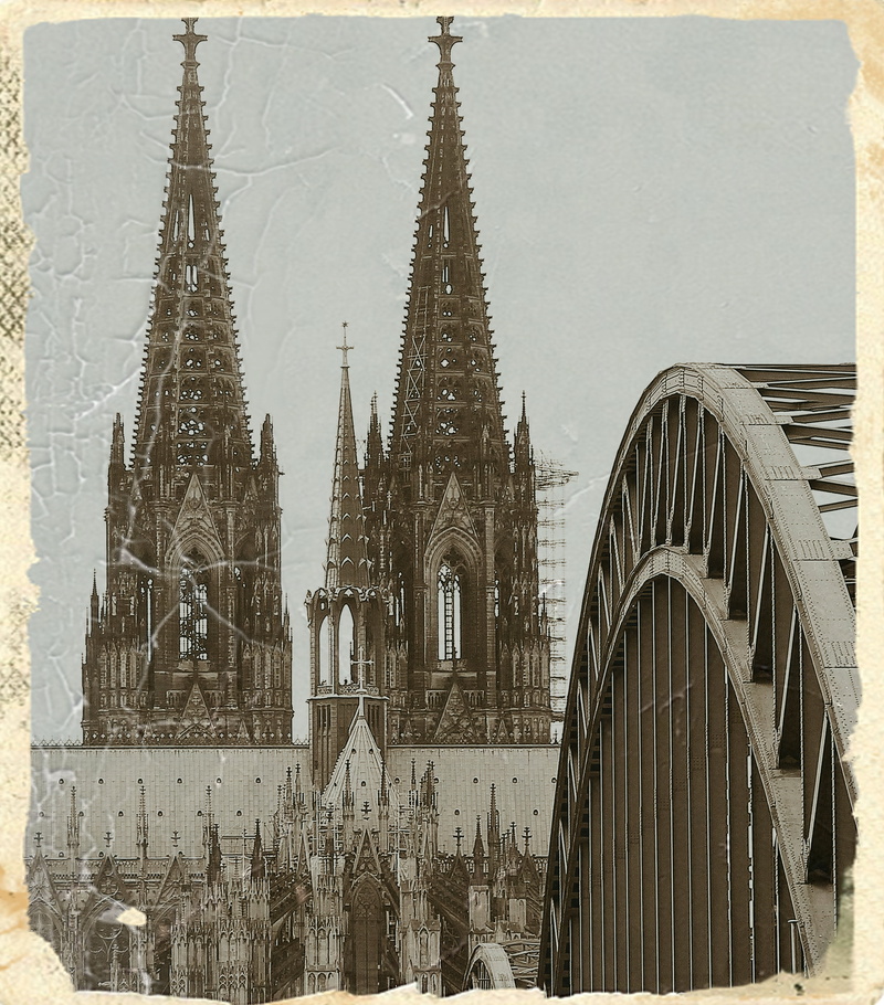 gothic, bridge, cologne on the rhine, romantic, railway, cologne, nature, railway bridge, rhine, steel bridge, transfer print, arches, place of worship