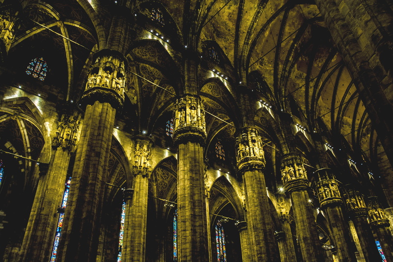 built structure, the past, architecture, spirituality, travel destinations, italy, place of worship, pillars, sculptures, travel, illuminated, milan, architectural column