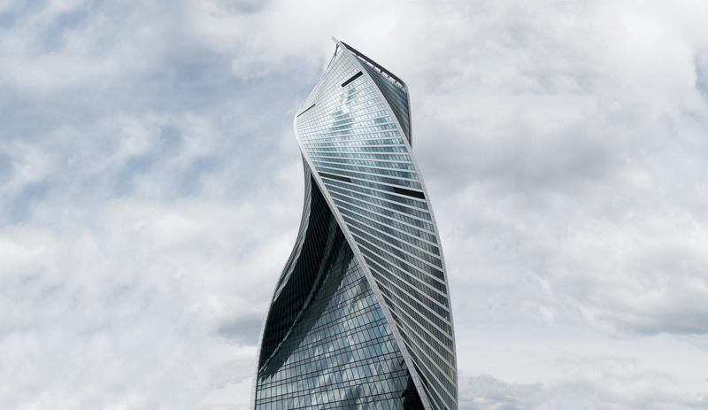 office building exterior, Moscow, tall - high, low angle view, financial district, moskva, building exterior, no people, tower, skyscraper, russia, sky
