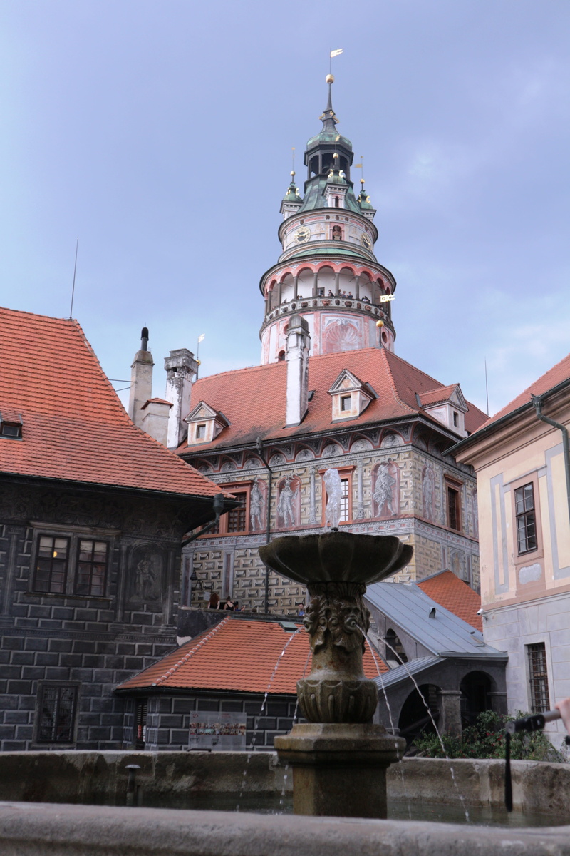 spire, český krumlov, low angle view, tourism, nature, cityscape, no people, history, sky, day, krumlov, heritage, unesco, representation, castle, courtyard