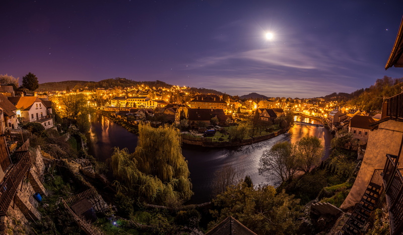 home, Czech Republic, lights, the sky, night, Cesky Krumlov, river, 5K, the city, the moon